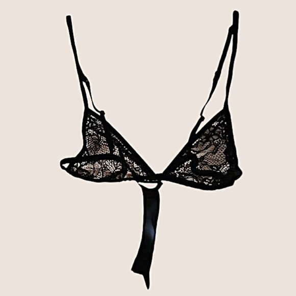 🐣2/$60🐣NWT Zara Black Satin Lace Triangle Bra Adjustable Straps Dainty Bra S - Picture 2 of 16